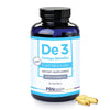 Supplement bottle of De3 Omega Benefits with gold capsules on a white background