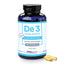 Supplement bottle of De3 Omega Benefits with gold capsules on a white background